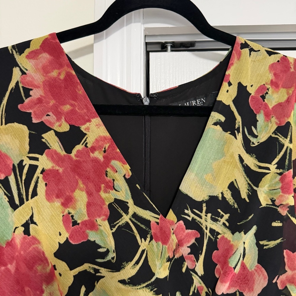 Lauren Ralph Lauren Short Sleeve Faux Wrap Black Pink Dress Size 14 - Picture 3 of 13